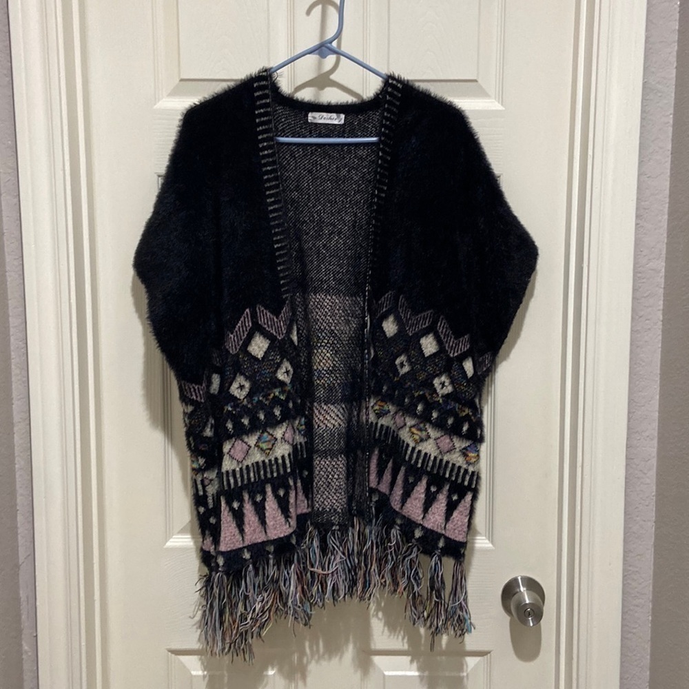 Beautiful Black Multi Colored Desheng  Poncho Cardigan Size Small/ Medium
